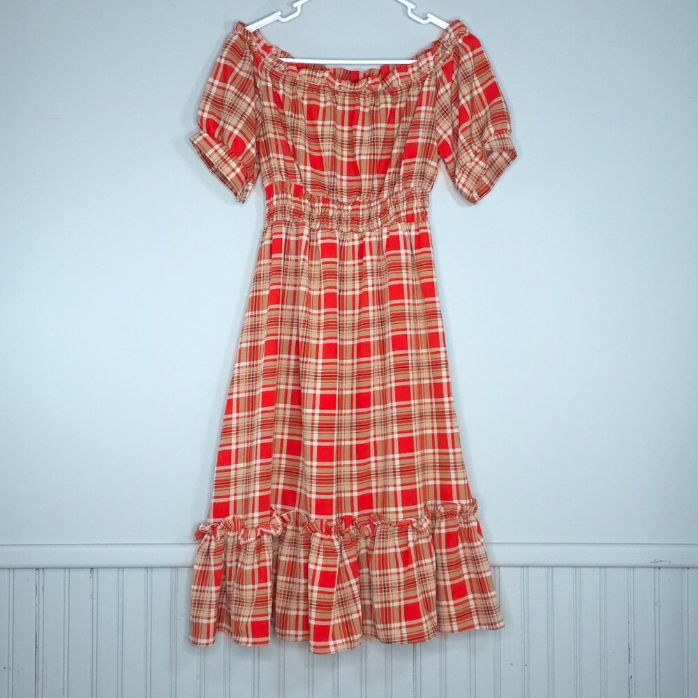 Red & Tan Plaid Off-the-Shoulder A-Line Dress Cottagecore Indie Country